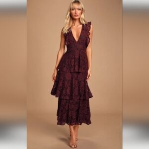 Lulus Molinetto Burgundy Lace Ruffled Tired Sleeveless Maxi Dress Size Small